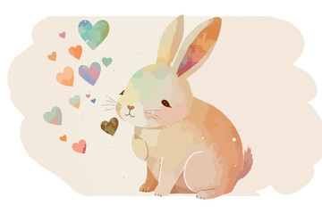 Cute cartoon word Love with a  rabbit holding a heart.  illustration with an animal on a white background with hearts.