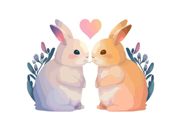 Fototapeta premium Cute cartoon word Love with rabbits holding a heart. illustration with an animal on a white background with hearts.