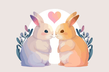 Cute cartoon word Love with rabbits holding a heart. Vector illustration with an animal on a white background with hearts.