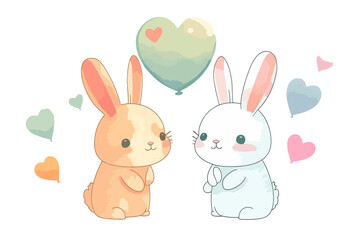  cute rabbit holding balloon for Valentine's day.Doodle cartoon style.