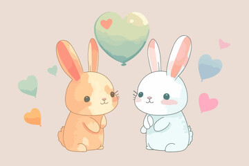 Draw vector character design cute rabbit holding balloon for Valentine's day. Doodle cartoon style.