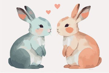 Cute cartoon word Love with rabbits holding a heart. Vector illustration with an animal on a white background with hearts.