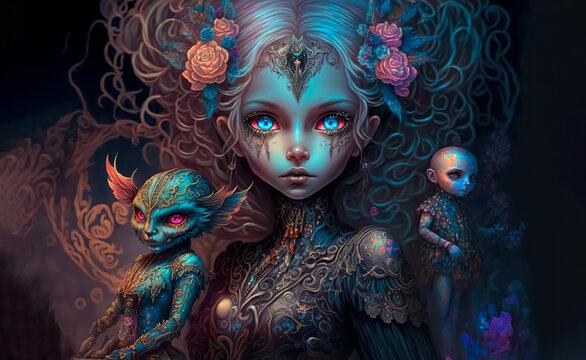 Ethereal Gothic Beauty With Horror Dolls. Mystical Nightmare Concept. Fantasy Background. Digital Ai Art