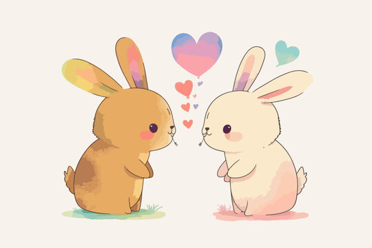 Cute cartoon word Love with rabbits holding a heart. Vector illustration with an animal on a white background with hearts.