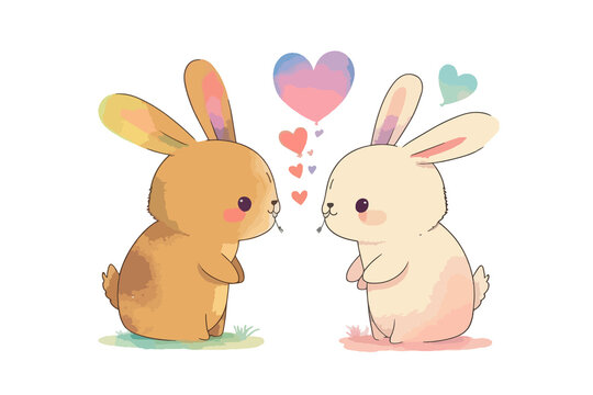 Cute cartoon word Love with rabbits holding a heart.  illustration with an animal on a white background with hearts.