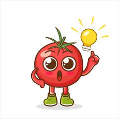 Fototapeta premium Have an Idea Happy Tomato Character Cartoon Mascot. Happy Tomato Pointing Finger Up at The Light Bulb