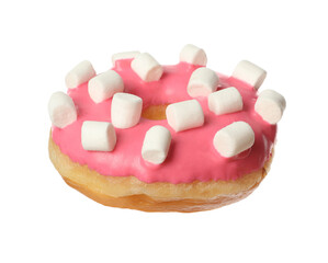 Sweet tasty glazed donut decorated with marshmallows isolated on white