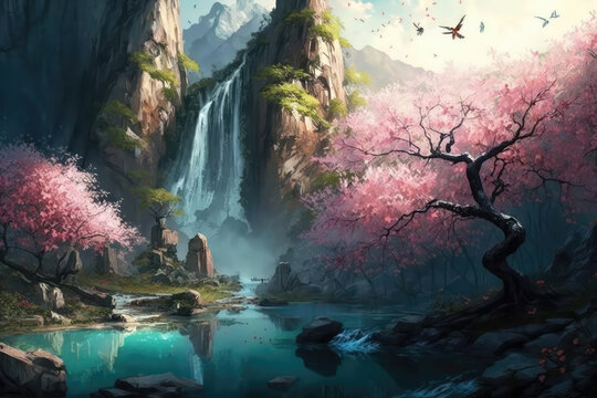 illustration painting of Oriental background, digital art. Illustration of a dawn mountain fantastic landscape with waterfalls and blooming sakura (ai generated)