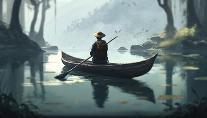 Fisherman in the boat on the lake. Digital painting, generative ai