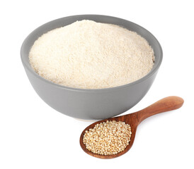 Quinoa flour in ceramic bowl and wooden spoon with seeds on white background