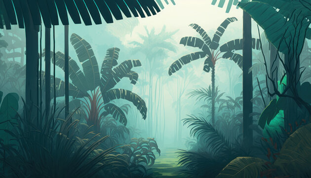 Fantasy jungle with fog and palm trees. Digital painting, generative ai