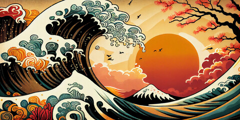 Japanese style paiting of a large wave and the sun.