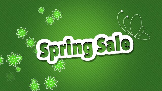 Spring Sale with flying shiny flowers and butterfly on green gradient, motion holidays, promo and spring style background