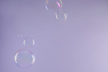 Many beautiful soap bubbles on light grey background. Space for text
