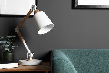 Stylish modern desk lamp, book and plant on wooden cabinet in living room