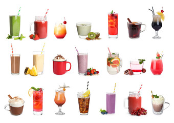 Set with different delicious beverages on white background