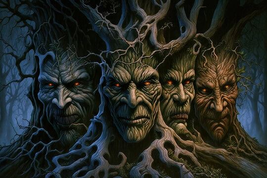 Spooky trees with faces in a scary forest