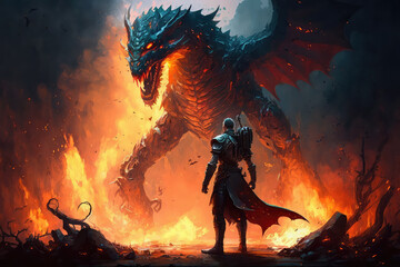 Fire breathes explode from a giant dragon in a black night, the epic battle evil concept art (ai generated)