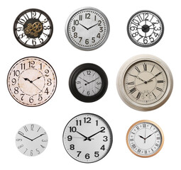 Set of modern and vintage clocks on white background