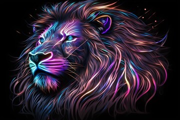 Illustration of a neon style lion head. Generative AI.