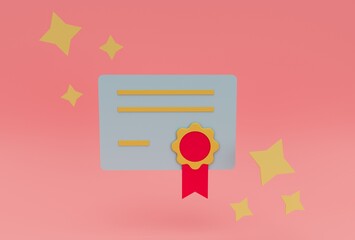 3d illustration certificate or diploma icon with stamp and ribbon bow.
