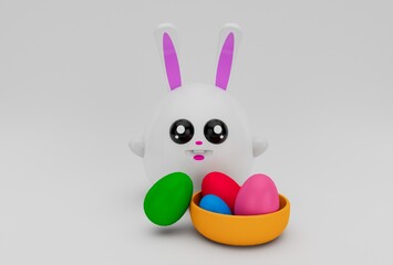 easter egg and rabbit bunny minimal 3d rendering on white background