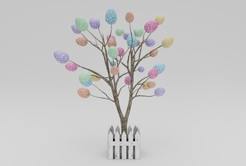 colorful Easter Egg and tree minimal 3d rendering on white background