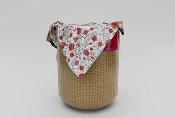 laundry bamboo Basket Wicker with cloth minimal 3d rendering on white background