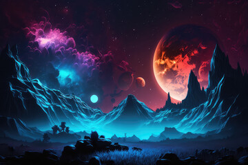 Fototapeta na wymiar Abstract fantasy neon space landscape. Star nebulae, month and moon, mountains, fog. Unreal fantasy world. Silhouettes, horoscope, zodiac signs. 3D illustration. (ai generated)