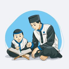 Ramadhan kareem. a boy learns the Al-Quran with her father at home vector illustration