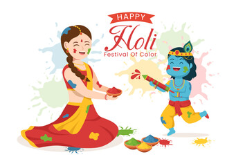 Happy Holi Festival Illustration with Colorful Pot and Powder In Hindi for Web Banner or Landing Page in Flat Cartoon Hand Drawn Templates