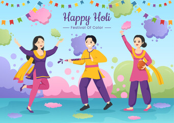 Fototapeta premium Happy Holi Festival Illustration with Colorful Pot and Powder In Hindi for Web Banner or Landing Page in Flat Cartoon Hand Drawn Templates