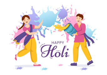 Obraz na płótnie Canvas Happy Holi Festival Illustration with Colorful Pot and Powder In Hindi for Web Banner or Landing Page in Flat Cartoon Hand Drawn Templates