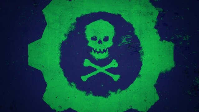 Green skull and toxic sign on blue grunge texture, motion holidays, horror and Halloween style background