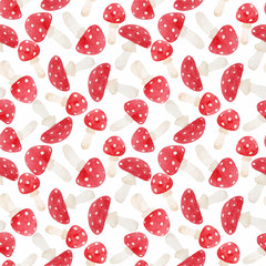 Beautiful seamless pattern with watercolor hand drawn fly agaric mushroom. Stock illustration.