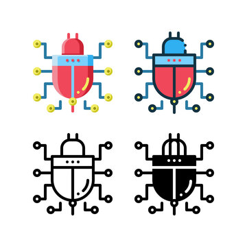 Computer bug icon. With outline, glyph, filled outline and flat styles