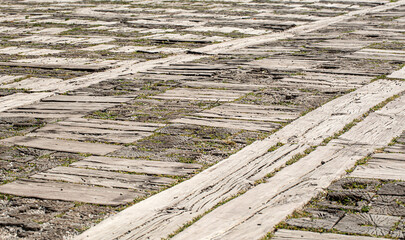 wooden pavement road. Large wooden square in the urban landscape
