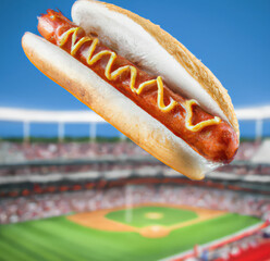 Hot dog floating above baseball stadium.