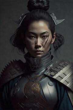 Futuristic Female Samurai Warrior, AI Generated Image of a Japanese Woman in Futuristic Samurai Armor