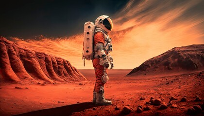 An astronaut arriving on Mars, standing outside of a spacecraft, looking out at the vast, 3 generative AI © slebor