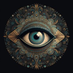 Trippy Eye Mandala, AI Generated Image of a Close-Up Eye surrounded by Ornate Patterns