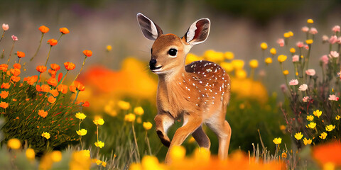 An adorable baby deer frolicking in a spring floral field - natural landscape during the sunny daylight