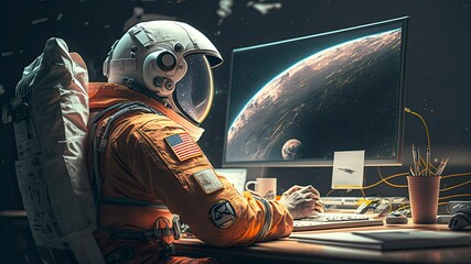 astronaut Working at a desk with a computer 3 generative AI © slebor