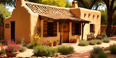 Southwestern style adobe house built with adobe clay and a mix of hispanic and native american architectural design