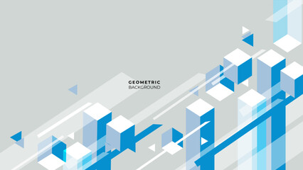 Abstract dark blue background with geometric shapes graphic. Modern blue geometric lines, cubes overlay layer movement design.