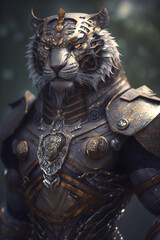 Portrait of Humanoid Tiger Beast Warrior. Fantasy Scenery Game Character, Tiger Soldier Role-playing game illustration. Generative AI