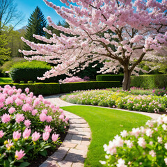 blooming garden and path in spring