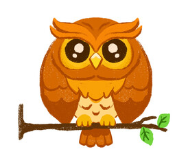 Cartoon cute owl character standing on tree branch sketching illustration