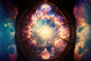 Stained Glass Cathedral Abstract Image, AI Fantasy Image of a Stained Glass Window and Angelic Symbolic Doves