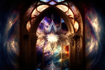 Stained Glass Window and Cloud Heavenly Abstraction, Ai Generated Image of a Magical Heavenly Sky with a Stained Glass Window